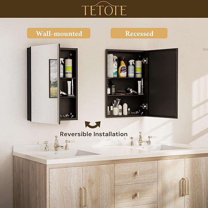 TETOTE 40 x 32 Bathroom Mirror with Storage with Tempered Beveled Mirror Black Medicine Cabinet Aluminum Cabinet DTC Hinges, Stepless Adjustable Shelves, Recessed/Surface-Mounted
