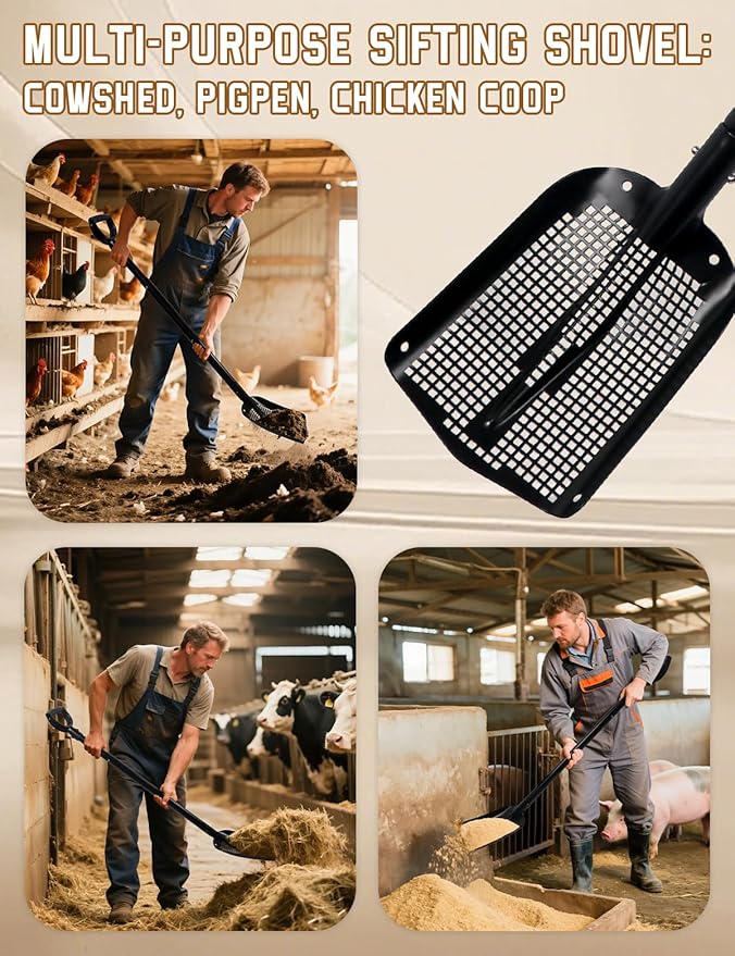 Heavy Duty Sifting Shovel with Adjustable Handle (26"-48") – Metal Sand Sifter Scoop with D-Grip for Chicken Coop, Beach, Farm Goat Stall & Garden Poop Cleaning – Durable Mesh Design