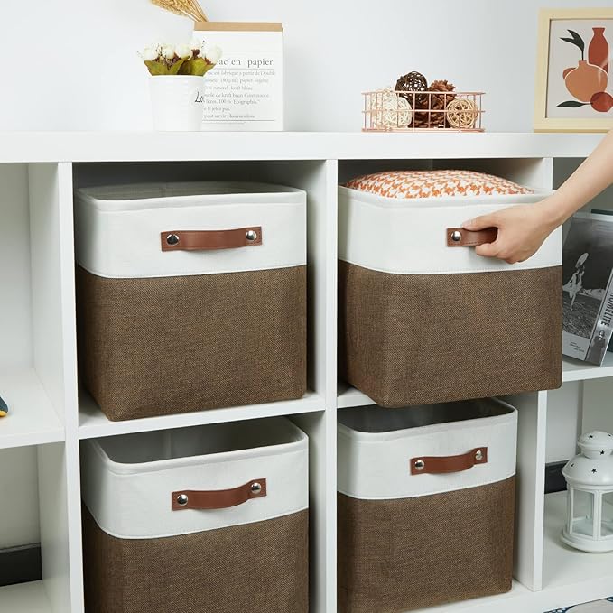 HNZIGE Fabric Storage Baskets 4 Pack,Storage Cube Baskets 11x11, Foldable Cube Storage Bin Baskets for Shelves with Handles, Decorative Storage Bins for Organizer Home Toy Nursery Closet(Brown Gray)