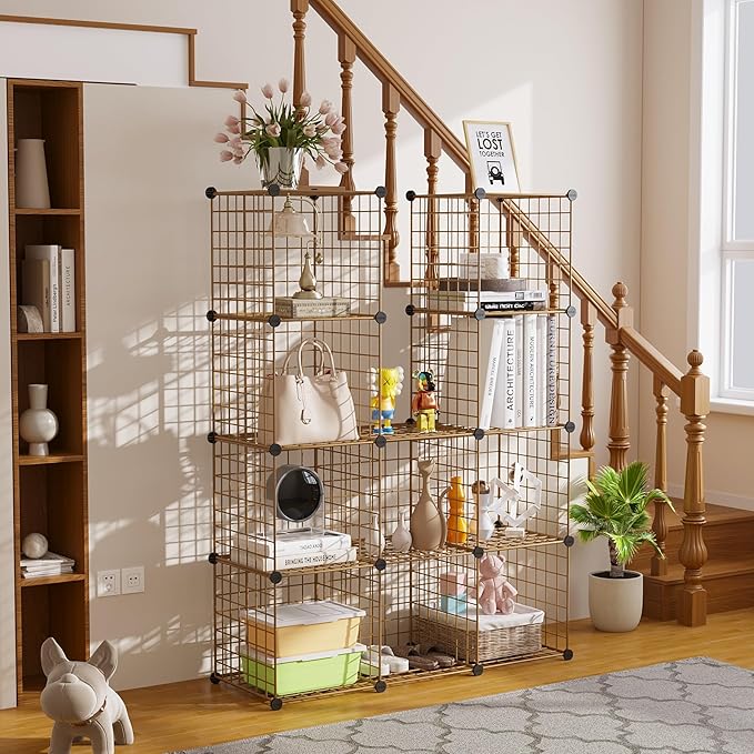 C&AHOME Wire Cube Storage, 12 - Cube Organizer Metal C Grids, Modular Shelves Units, Closet Organizer, Ideal for Home, Office, Living Room, 36.6”L x 12.4”W 48.4”H, Brown UWCS3012R