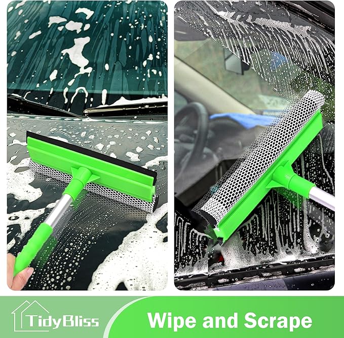 Window Squeegee Professional, 56” Car Windshield Glass Cleaner Tool with Extension Pole, Long Handle Household 10 inches Washer Sponge Scrubber Kit for Cleaning Home Mirror Outdoor (Green)