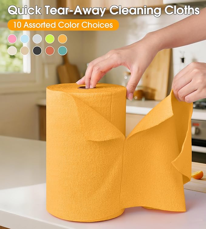 KitchLife Microfiber Cleaning Cloth Roll, 100 Pack - Tear-Away Microfiber Paper Towels, Lint-Free, Reusable, Washable for Kitchen, Car, Dishes, and Sensitive Surfaces (Tangerine Yellow)