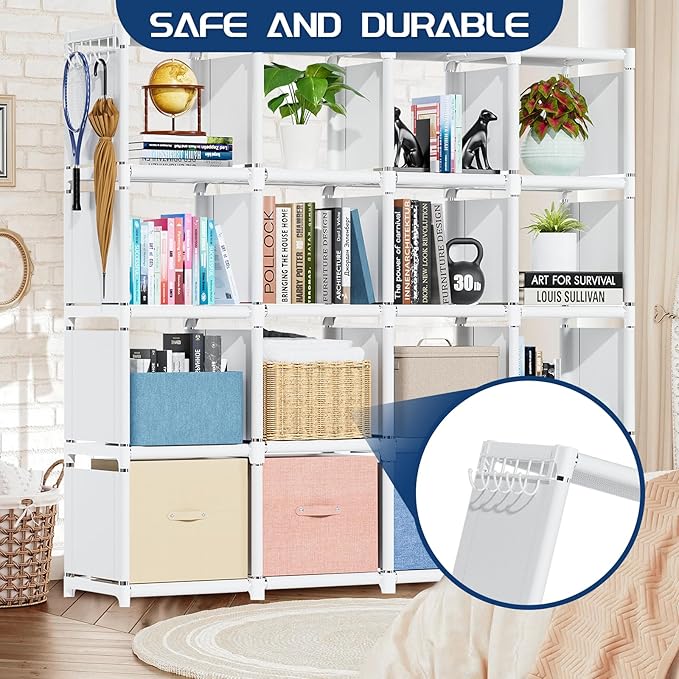 Mavivegue Book Shelf, 16 Cube Storage Organizer, Metal Cube Bookshelf, DIY Bookcase, Tall Book case for Bedroom, Living Room, Office -White