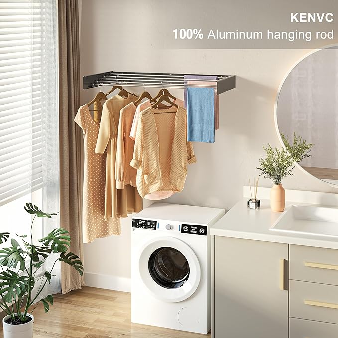 Wall Mounted Drying Rack, 40 "Wide, 16.5 Linear Ft, 5 Aluminum Rods, 60 lb Capacity, Space Saver Laundry Drying Rack Collapsible (Grey 40" Large)