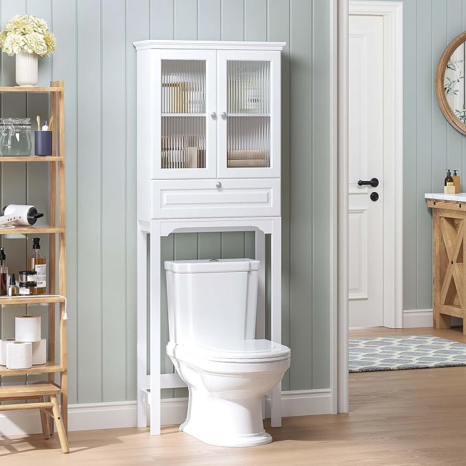 Spirich Over The Toilet Storage Cabinet with Muro Glass Doors, Over Toilet Bathroom Organizer with Tilt-Out Cube and Adjustable Shelf, White