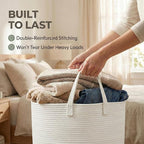 JMvicyroam 65L Extra Large Blanket Basket for Living Room - Woven Cotton Rope Laundry Hamper with Reinforced Handles - Storage Bin for Pillows, Comforters & Toys - Machine Washable,White