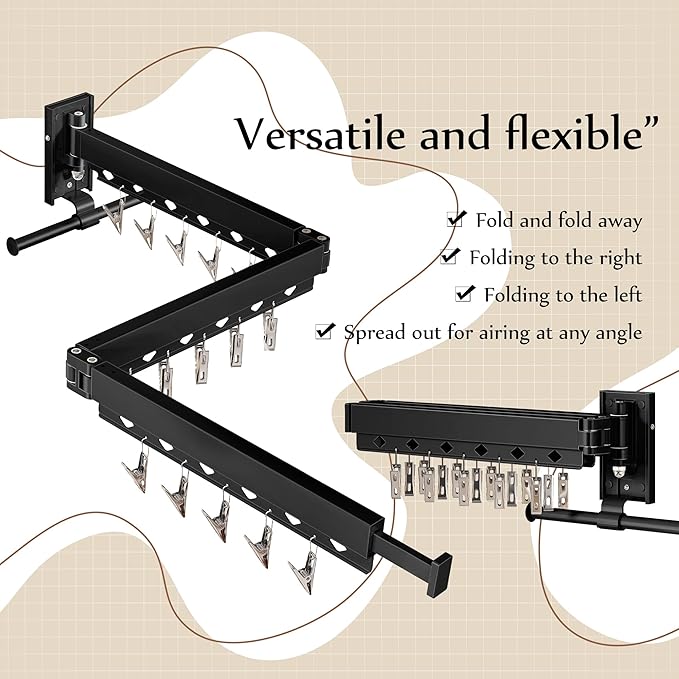 Wall Mounted Collapsible Clothes Drying Rack, Durable Space-Saving Laundry Drying Rack Clothing Hanger, Upgraded with Clips and Windproof Holes
