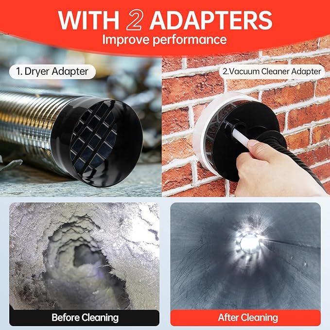 BLuesea Dryer Vent Cleaner Kit, 15-Piece Ultimate Dryer Cleaning Kit Include 50 Feet Dryer Vent Brush, Upgrade Noiseless Dryer Lint Vacuum Attachment, Lint Trap Brush, Vacuum & Dryer Adapters