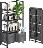 4NM No-Assembly Folding Bookshelf Storage Shelves 4 Tiers Vintage Bookcase Standing Racks Study Organizer Home Office (Gray Black)