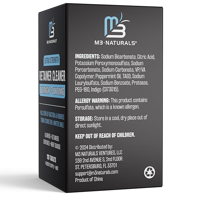 Overnight + Whitening Retainer Cleaner, Remove Stains, Discoloration, and Plaque | 4 Month Supply | Denture Cleanser with Whitening Boost,120 Tablets by M3 Naturals