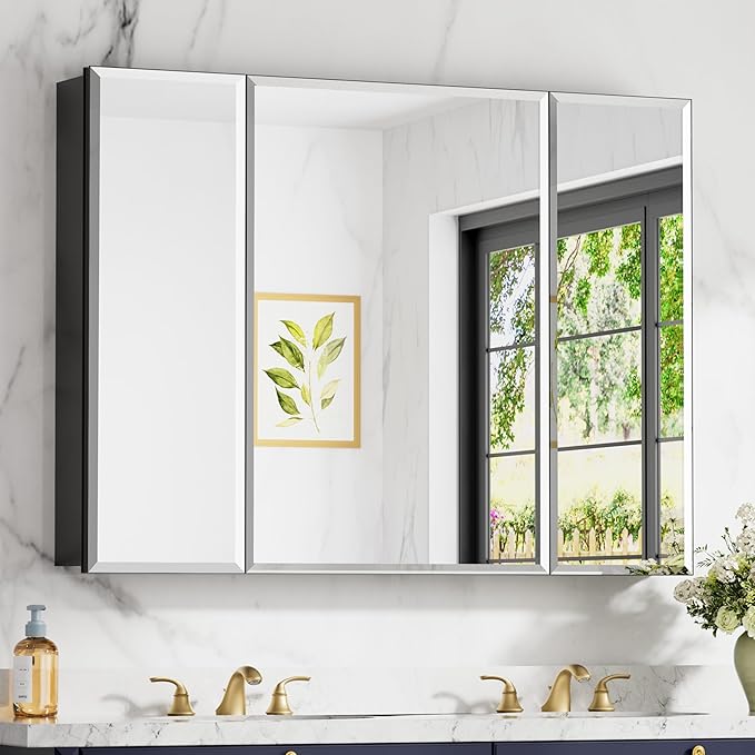 40x30 Inch Medicine Cabinet with Mirror, Aluminum Bathroom Mirror Cabinet, Beveled Edge Mirrored Door, Adjustable Shelves, Surface or Recessed Mount Bathroom Mirrors with Storage, Triple Door,Black