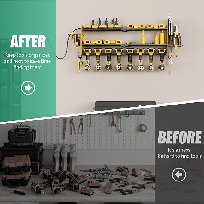 Suchtale Power Tool Organizer Wall Mount,Drill Organizer,33.2" Garage Storage,8 Drill Holders,3 Layers Heavy Duty Metal Shelf with 8 Outlets Power Strip, Gifts for Dad,Husband,Yellow