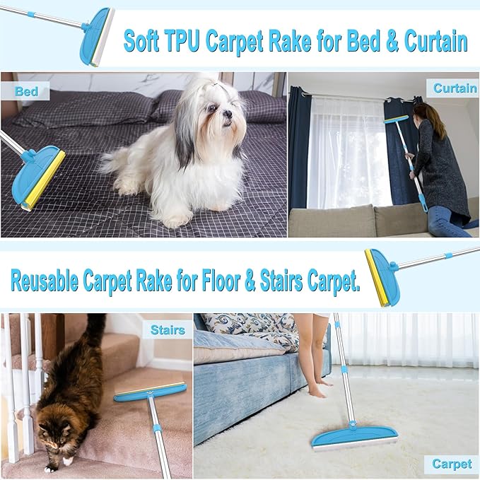 Carpet Rake for Dog Hair Remover: 2 in 1 Reusable Pet Hair Remover – 60‘’ Adjustable Long Handle Carpet Removal Tool for Dog Cat Human Hair – Carpet Scrape Cleaning for Rug Couch Bed