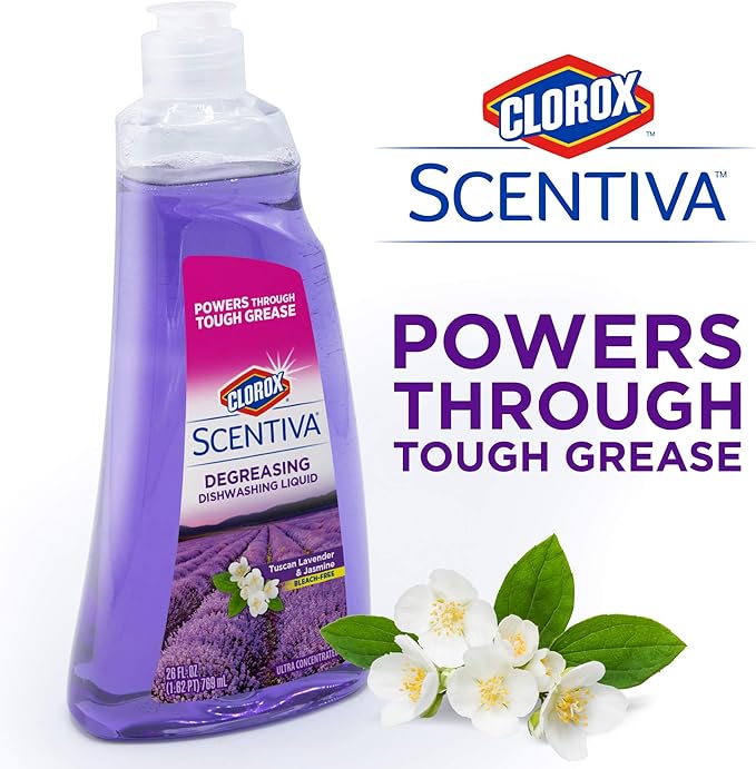 CLOROX Scentiva Dish Soap | Great Smelling Dishwashing Liquid Cuts Through Grease Fast | Quick Rinsing formula Washes Away Germs | Tuscan Lavender & Jasmine Scent, 26 oz (6 Pack)