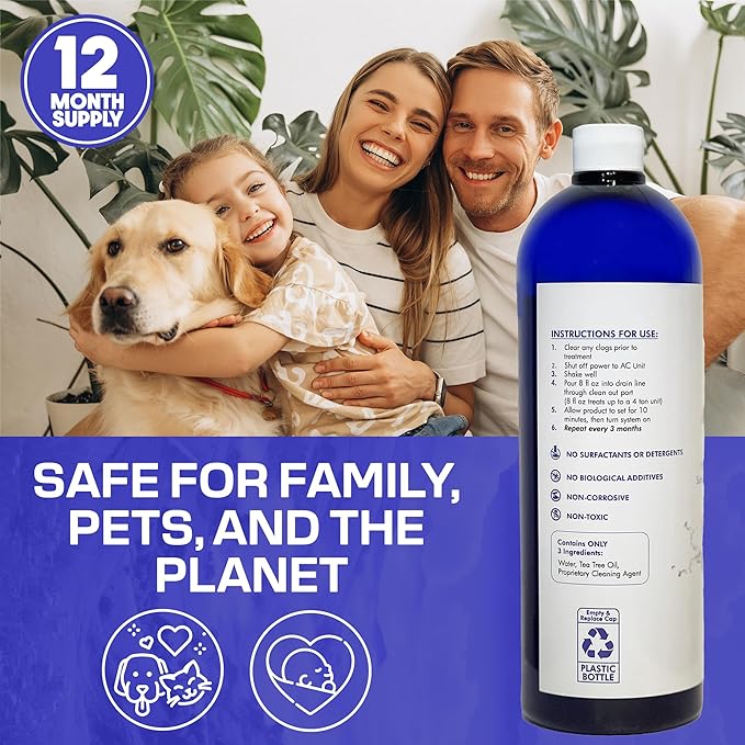 AC Drain Line Treatment 32 oz | Up to 1 Year Supply | Chlorine Free Non Toxic Formula with Natural Tea Tree Oil | Simple 3 Ingredient Solution | Safe for Homes and Institutions
