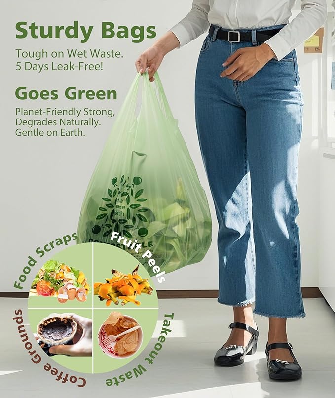 Compostable Trash Bags 8 Gallon with Handle, 30 Liter, 40 Count, AYOTEE Composting Garbage Bags 8 Gallon for Kitchen Food Scrap, Waste Basket Bag，Unscented Medium Trash Can Liners for Office