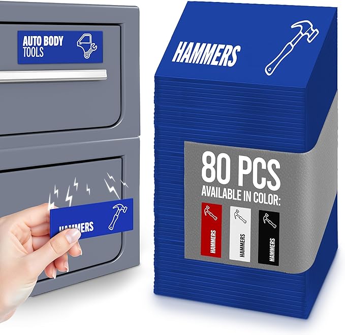 Toolbox Organization Magnetic Labels-80 Large Tool Chest Organizer Labels-Strong Magnets-Fits All Brands of Steel Tool Box Drawers (Blue 3.125x1.0 in)