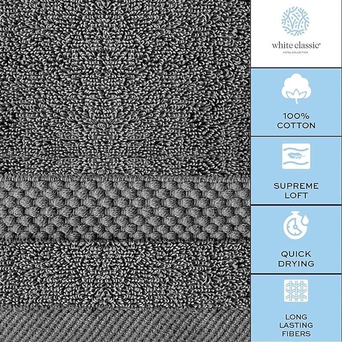 White Classic Luxury Cotton Washcloths 13x13 Inch - 650 GSM Turkish Cotton | Hotel, Spa, Bathroom Face Towel | 12 Pack, Dark Gray