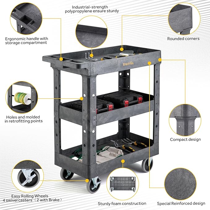 ELAFROS 3 Shelf Heavy Duty Plastic Utility Cart 34 x 17 x 38.5 Inch - Work Cart with Full Swivel Wheels Deep Shelves and Safely Holds up to 550 lbs - 3 Tier Service Cart Tool cart, Gray