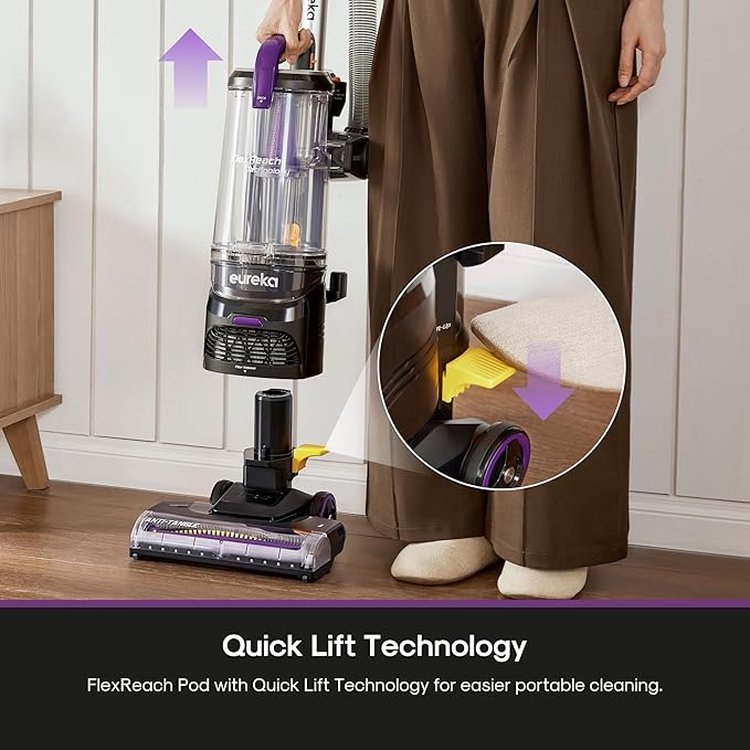 Eureka FlexReach Powerful Upright Vacuum Cleaner for Carpet and Hard Floor, Lift-Up Vacuum with Large Dust Cup, Anti-Tangle, NEU651PL, Purple