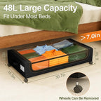 GoMaihe Under Bed Storage with Wheels: 48L Underbed Storage Containers with Clear Lids - Rolling Drawers & Bins for Shoes Clothes in Dorm Bedroom - Space-Saving Easy Pull-out Black 2-Pack