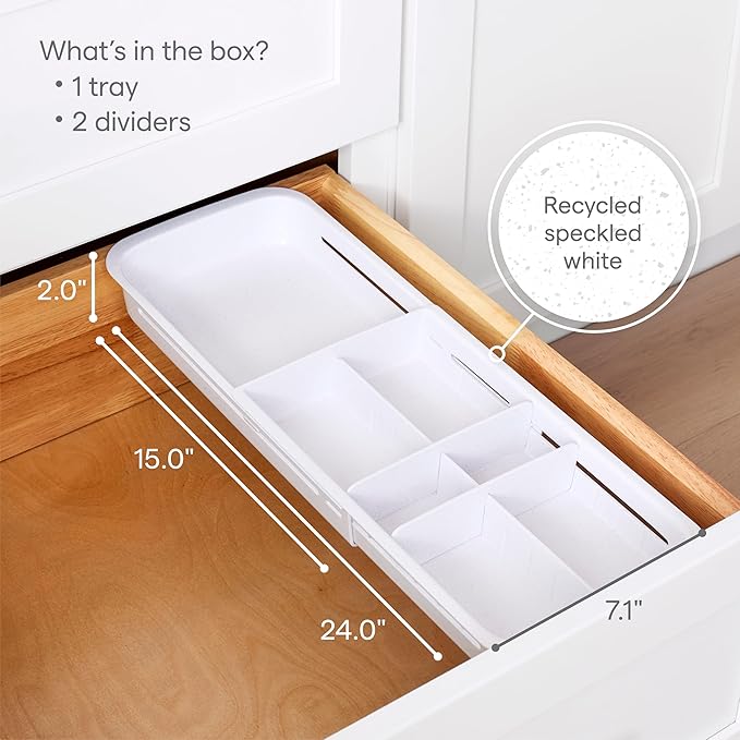 YouCopia DrawerFit Sliding Drawer Tray with Adjustable Dividers, Expandable Kitchen Storage Organizer, Speckled White
