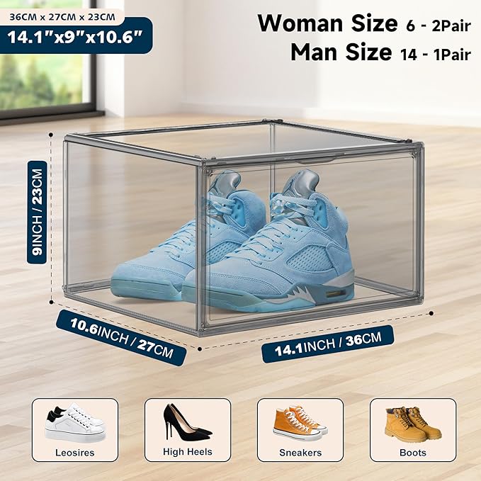 4 Pack Clear Shoes Storage Box Organizer Acrylic Sneaker Shoe Display Case Stackable Storage Organizer with Lid,Black Size 14