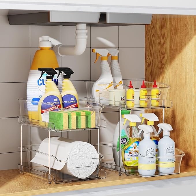 Delamu 2 Sets of 2-Tier Clear Under Sink Organizers and Storage, Multi-Purpose Stackable Bathroom Cabinet organizers, Pull Out Kitchen Pantry Organization and Storage with Dividers