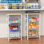 4-Tier Small Kitchen Storage Cart on Wheels with Pull-Out Drawers, Rolling Pantry and Snack Organizer Cart with Wood Top, Kitchen Floor Fruit Basket Stand for Fruit Potato Onion Veggie Snack