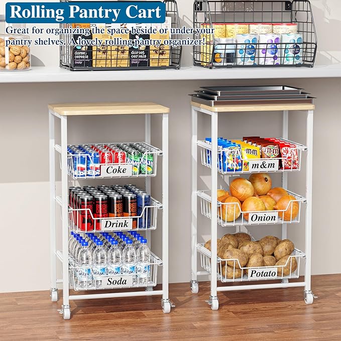 4-Tier Small Kitchen Storage Cart on Wheels with Pull-Out Drawers, Rolling Pantry and Snack Organizer Cart with Wood Top, Kitchen Floor Fruit Basket Stand for Fruit Potato Onion Veggie Snack