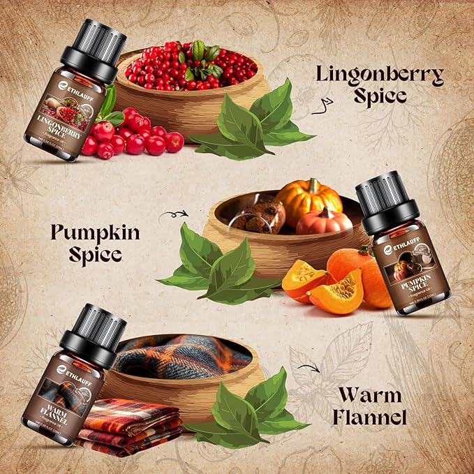 Fall Essential Oils Set, Pumpkin Spice, Frankincense & Myrrh, Cinnamon Sugar, Fall Scented Oil for Candle, Soap Making, Essential Oils for Diffuser Home 6 * 10 ml