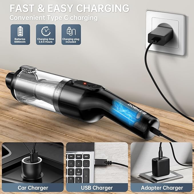 Handheld Vacuum Cordless, Car Vacuum with 16000Pa Powerful Suction, Lightweight at 1.3 lbs, Type-C Charge, Multiple Accessories, Rechargeable Vacuum Cleaners for Home Office Car Pet