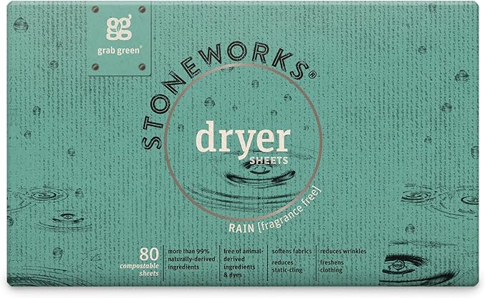Grab Green Stoneworks Cruelty-Free Dryer Sheets | Softens Fabrics, Freshens Clothing & Reduces Static-Cling and Wrinkles | Plant Based | Fragrance-Free (80 Sheets)