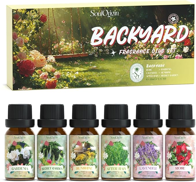 Backyard Fragrance Oils Set, Flower Essential Oil Gift Set for Diffuser, Floral Scent Diffuser Oil, Diffuser Scents Oil for Home-Gardenia, Rose, Lavender, Secret Garden, After Rain,Sunshine