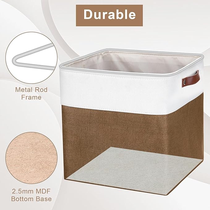 13x13 Cube Storage Bins, Collapsible Fabric Storage Box, 4 Pack Closet Baskets with Handles for Organizing, Shelf, Toys, Clothes, Home, Office, Nursery (Brown&White)