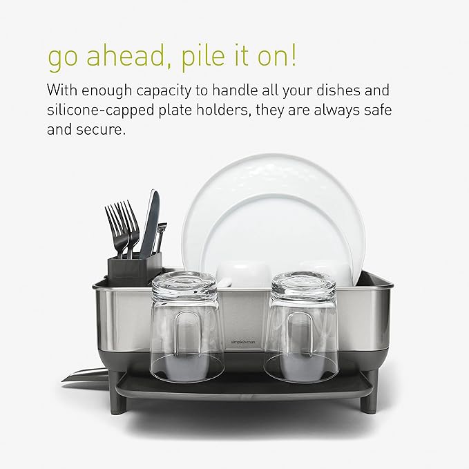 simplehuman Compact Dish Drying Rack with Stainless Steel Frame, 360º Easy Drain Swivel Spout, Utensil Holder, Anti-Residue Coating, Moisture Control Surface, Grey