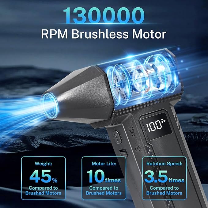 2-in-1 Electric Compressed Air Duster & Car Vacuum Cleaner - 130000RPM High Power Air Blower with LED Light 100-Gear Rechargeable Strong Keyboard Cleaner for PC, Laptop, Home, Car - Black