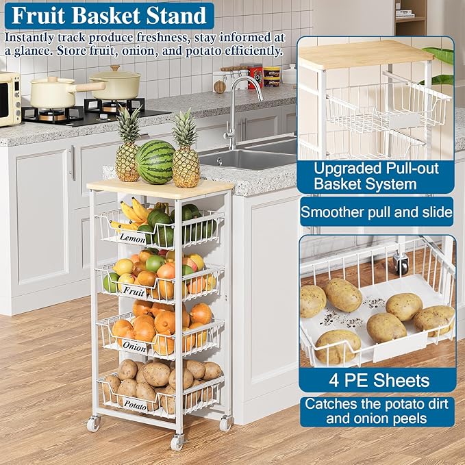 5-Tier Small Kitchen Storage Cart on Wheels with Pull-Out Drawers, Rolling Pantry and Snack Organizer Cart with Wood Top, Kitchen Floor Fruit Basket Stand for Fruit Potato Onion Veggie Snack