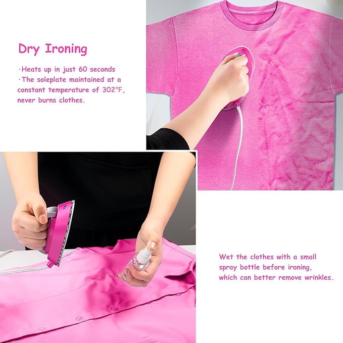 Newbealer Travel Iron with Global Voltage, 100-240V Mini Dry Iron for Clothes (No Steam), Max 300W, 60s Heat Up, 302℉ Non-Stick Ceramic Soleplate, 0.8lbs Ultra-Lightweight (Hotpink)