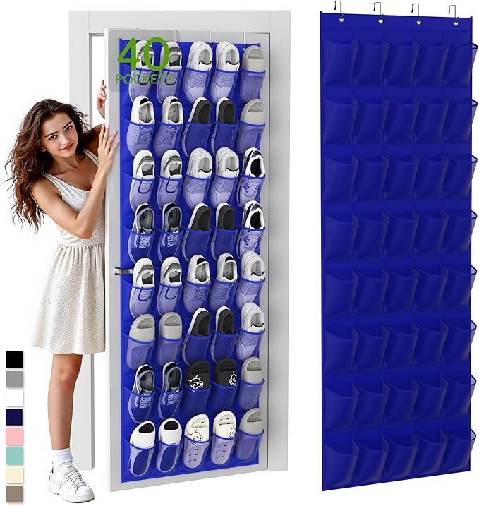 Unjumbly Over the Door Shoe Organizer with 40 Large Breathable Mesh Pockets, Space Saving Shoe Holder, Hanging Shoe Rack for Entryway Bedroom Closet Storage (Navy Blue, 40 Pockets)