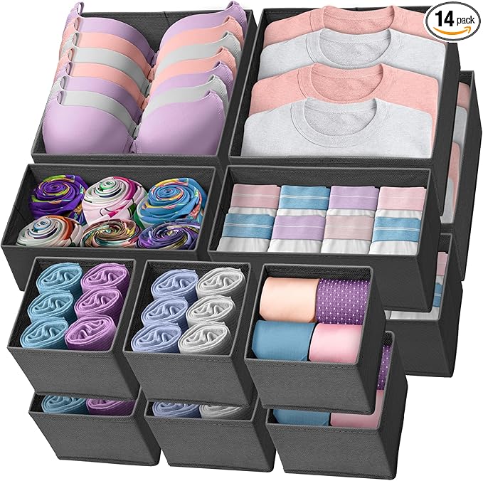 Reli. Drawer Organizer Clothes (14 Pack) | Dresser Organizer for Clothing | Drawer Bins for Bras, Nursery, Baby Clothes, Underwear, Socks | Foldable Fabric Dresser Storage Dividers (Gray)