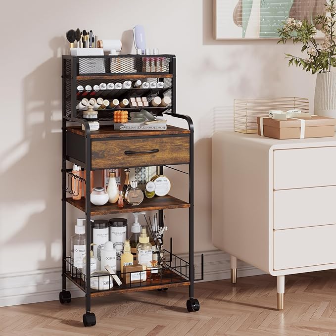Art cart, 3 Tier Rolling Cart - Utility Cart with Storage Drawer and Wheels, Versatile Art & Craft Organizer for Home, Office, or Studio Ideal for Storing Brushes, Paints （Brown）