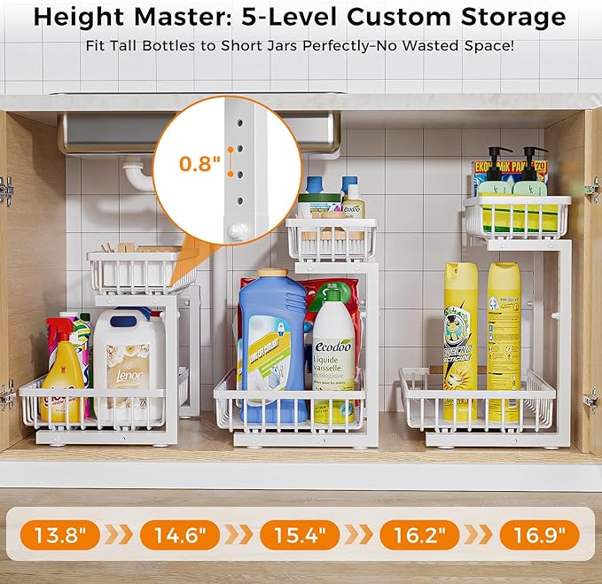 Under Sink Organizer,2 Pack 2 Tier Under Sink Organizers and Storage,Slide Out Pull Out Cabinet Organizer Shelf,Metal Sliding Drawer for Kitchen Bathroom Pantry Cabinet Closet Organization Rack White