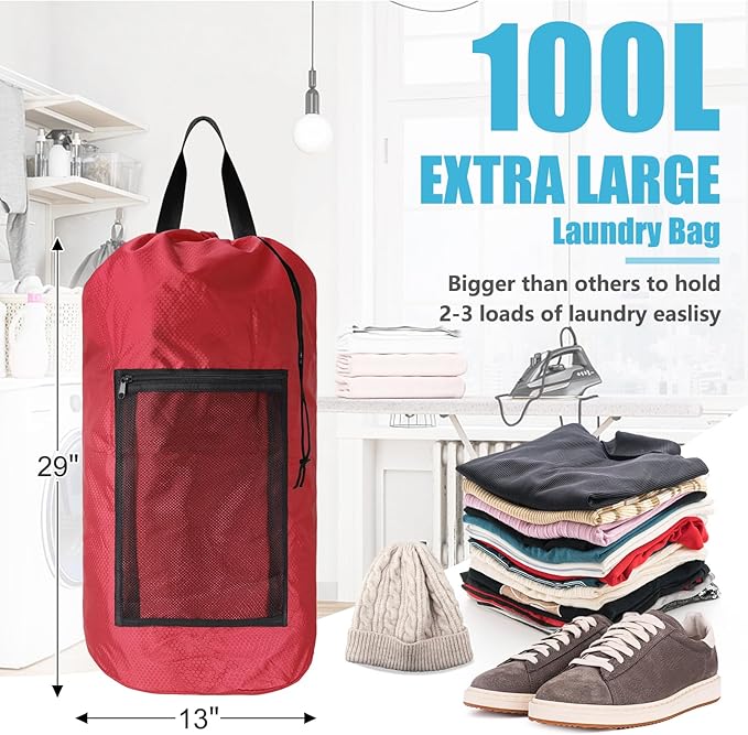 Portable Laundry Bag Backpack with Adjustable Straps, Drawstring Closure & Mesh Pocket - Perfect for College, Apartments, Camping (Red)