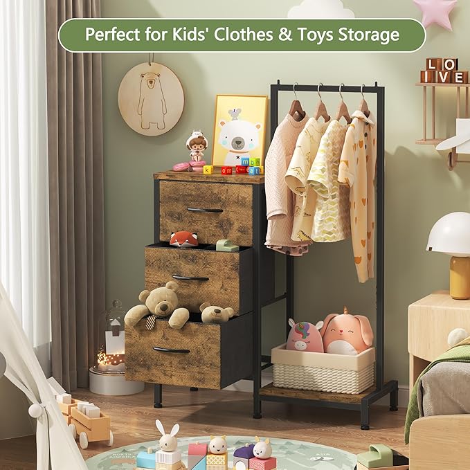 Dresser for Bedroom with Hanging Rack, 3 Drawers Dresser for Bedroom - Rustic Brown