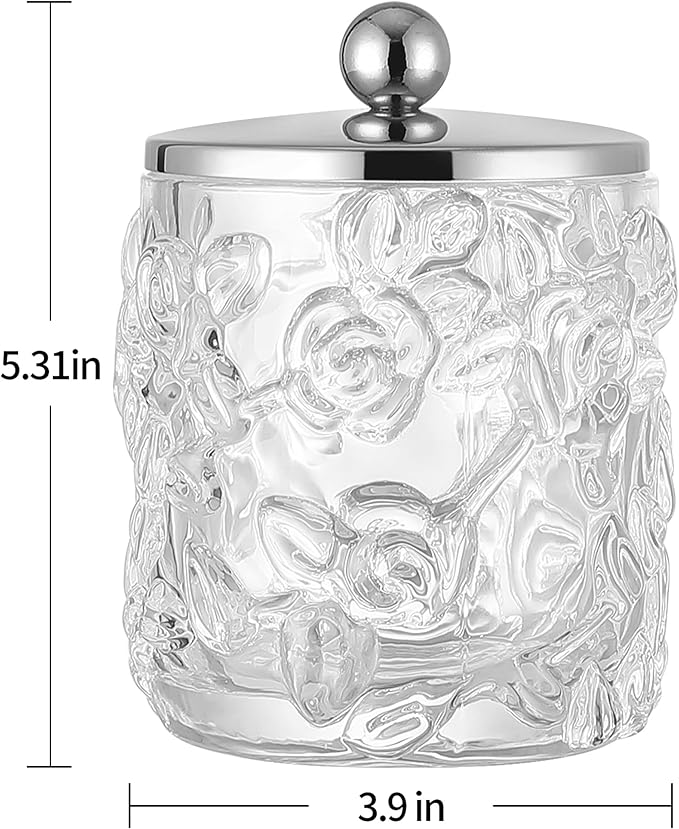 Clear Transparent Apothecary Floral Embossed Glass Jar With Silver/Chrome Metal Lid Cover for Bathroom Organization, Cotton Balls, Q Tips, and Small Accessories, Bathroom Storage