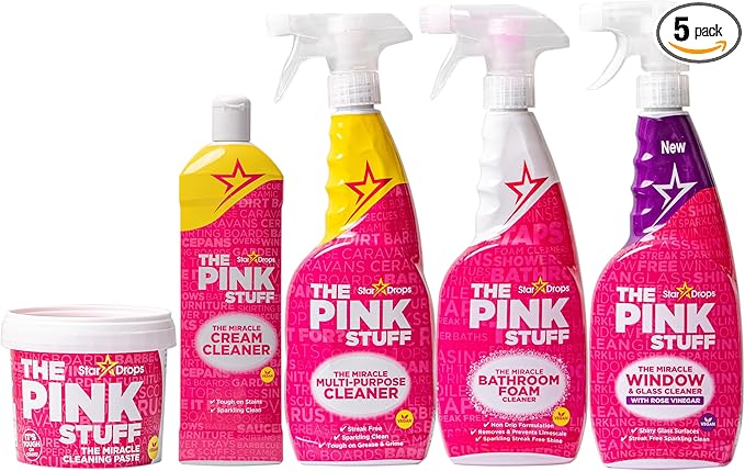 Stardrops - The Pink Stuff - The Miracle Cleaning Paste, Multi-Purpose Spray, Bathroom Foam Spray, Window & Glass Cleaner, and Cream Cleaner Bundle