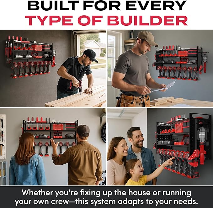 Power Tool Organizer Wall Mount - Power Tool Storage Rack with 3 Shelves, 8 Drill Holders, Bit Holder, Load 300 lbs, Pegboard Sides Storage for Tools- Garage Drill Organizer, Ultimate Workshop Station