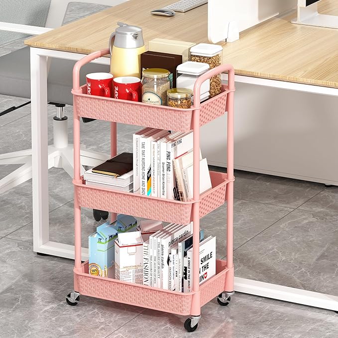 MOYIPIN 3-Tier Plastic Rolling Utility Cart with Handle,Utility Storage Cart for Office, Living Room, Kitchen,Movable Storage Organizer Shelves,Pink