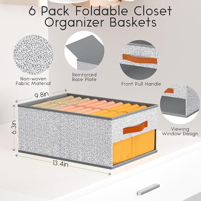 Homsorout Drawer Organizers and Storage - 6 Pack Foldable Pants Organizer with Clear Window & Handles, Fabric Closet Organizer for Clothes, Jeans, Sweaters, Towels, T-shirt, Scarf (Ant Light Gray)
